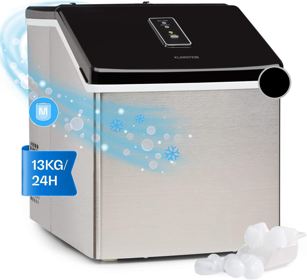 Klarstein ClearCube - Macchina per cubetti di ghiaccio 13 kg - Serbatoio 2.5 L con cubetti trasparenti medi - Potenza 120 W per casa e cocktail