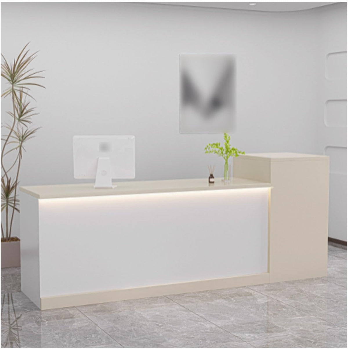 Banco reception a L con LED 100 cm - Postazione cassa con allineamento sinistro - Per salone di bellezza e atrio - Design bianco latte e caffe
