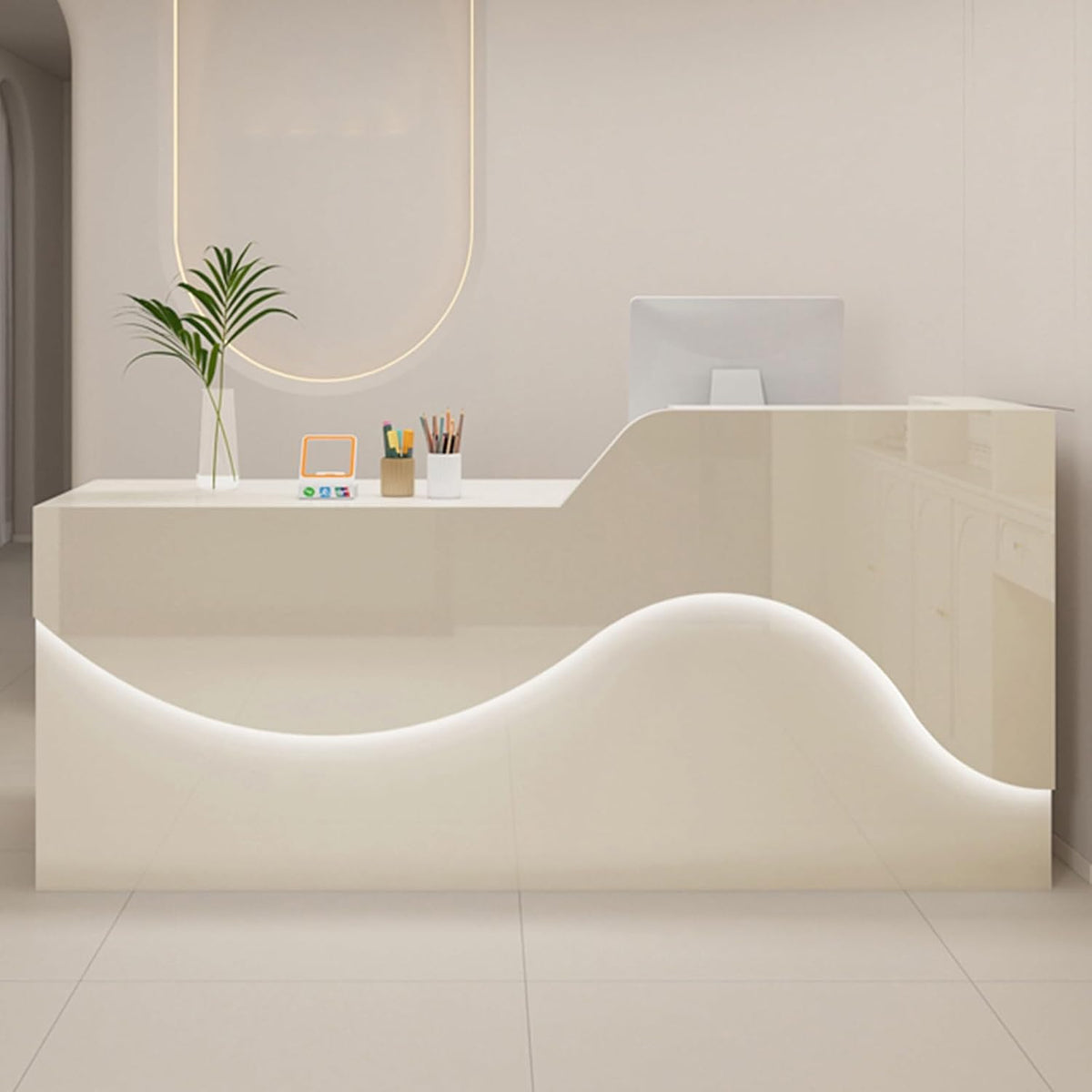 Banco reception moderno 120 cm - Cassetto con serratura per organizzazione sicura - Postazione front desk per hotel e ufficio - Colore beige design elegante