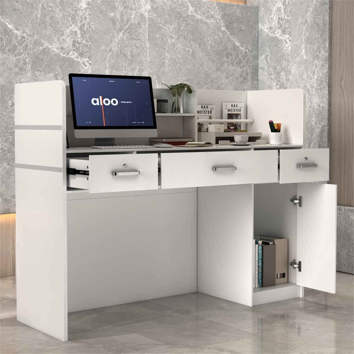 Banco reception moderno 120 x 48 x 110 cm - Tre cassetti e ripiani per organizzazione - Legno ingegnerizzato - Bianco per hotel ufficio e negozio