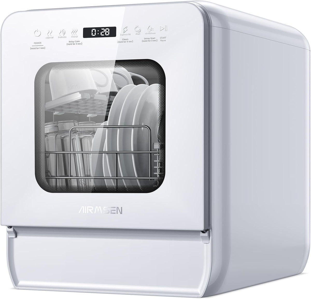 AIRMSEN lavastoviglie portatile da tavolo - 4 coperti con 7 programmi più 2 modalità - Serbatoio 5 L doppio getto 360 gradi e avvio fino a 24 ore - Bianca 37,8 x 51 x 45,5 cm