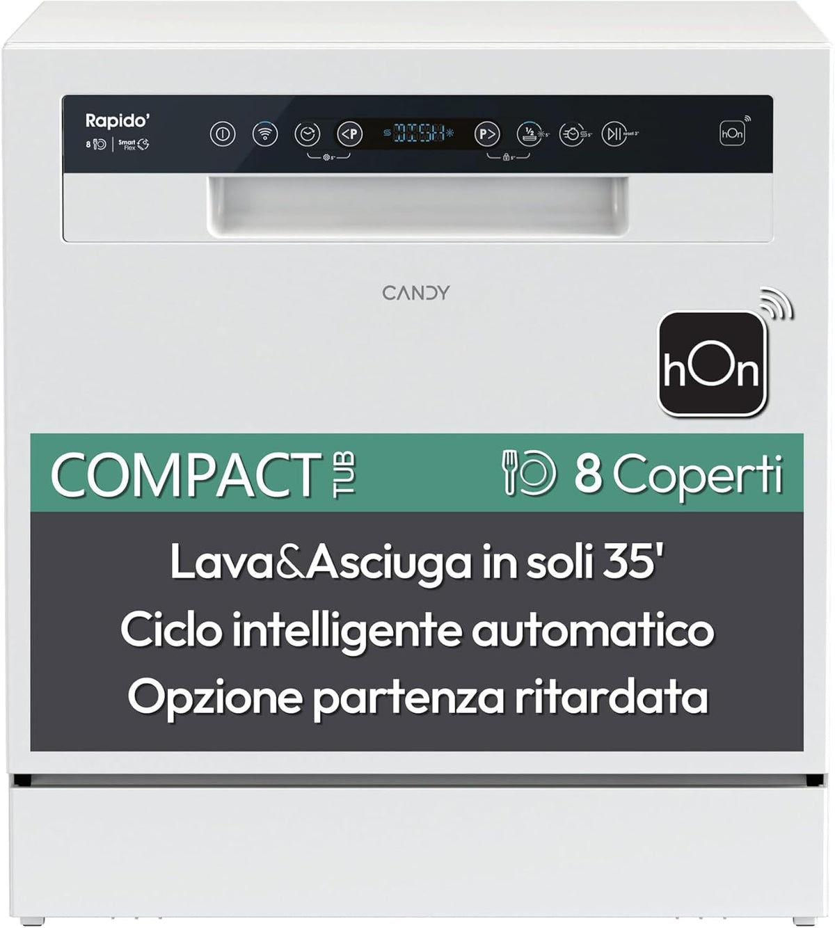 Candy RapidÓ CP 8F9FFW Lavastoviglie compatta 8 coperti - 8 programmi Classe F - Lavaggio e asciugatura in 35 min con partenza ritardata - Bianca 59,5 x 50,1 x 55 cm 49 dB