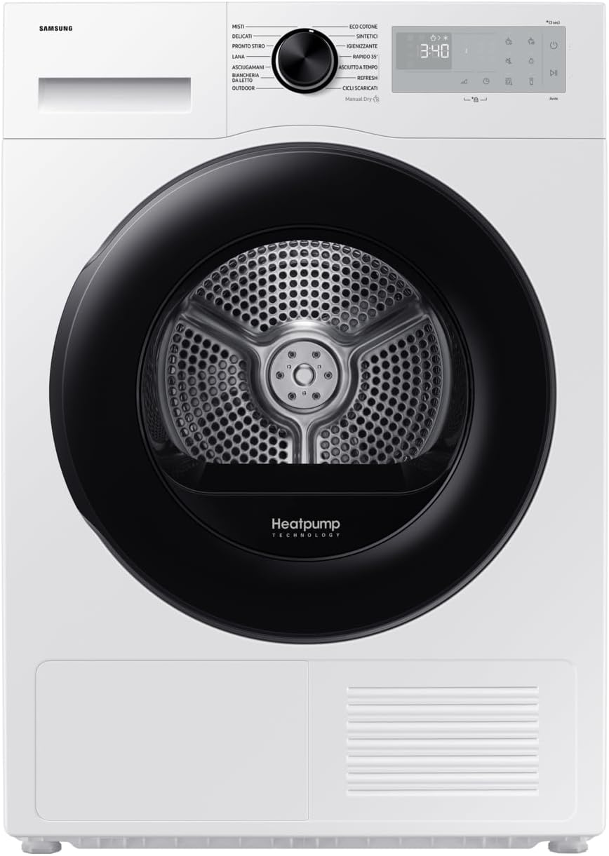Samsung DV90DG52A0AHET Asciugatrice 9 kg - Pompa di calore Classe A più - Cestello in acciaio inossidabile - Bianca a libera installazione con carica frontale