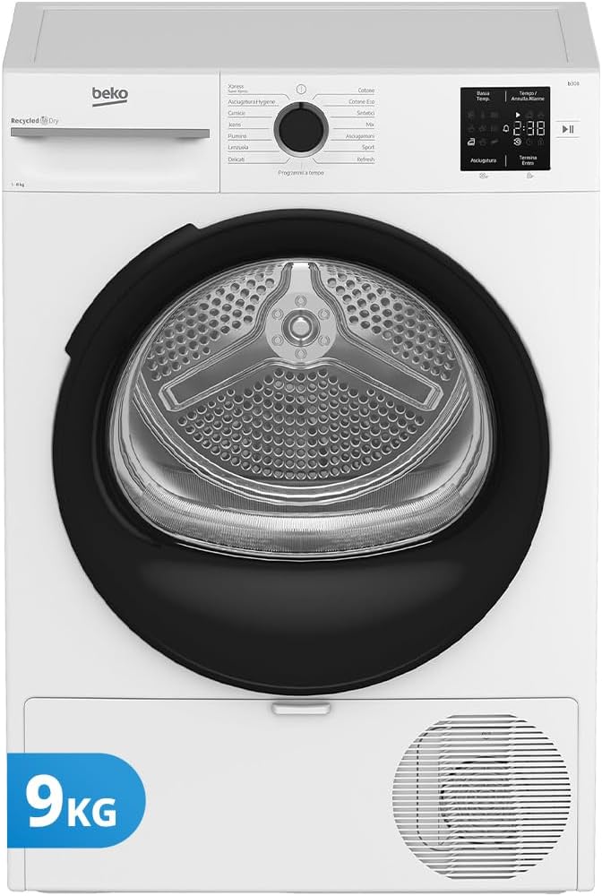 Beko BMTAM93EB asciugatrice - Capacità 9 kg con 15 programmi a libera installazione - Display digitale e motore con garanzia 10 anni - Bianca con oblò nero 59,8 x 60,7 x 84,6 cm
