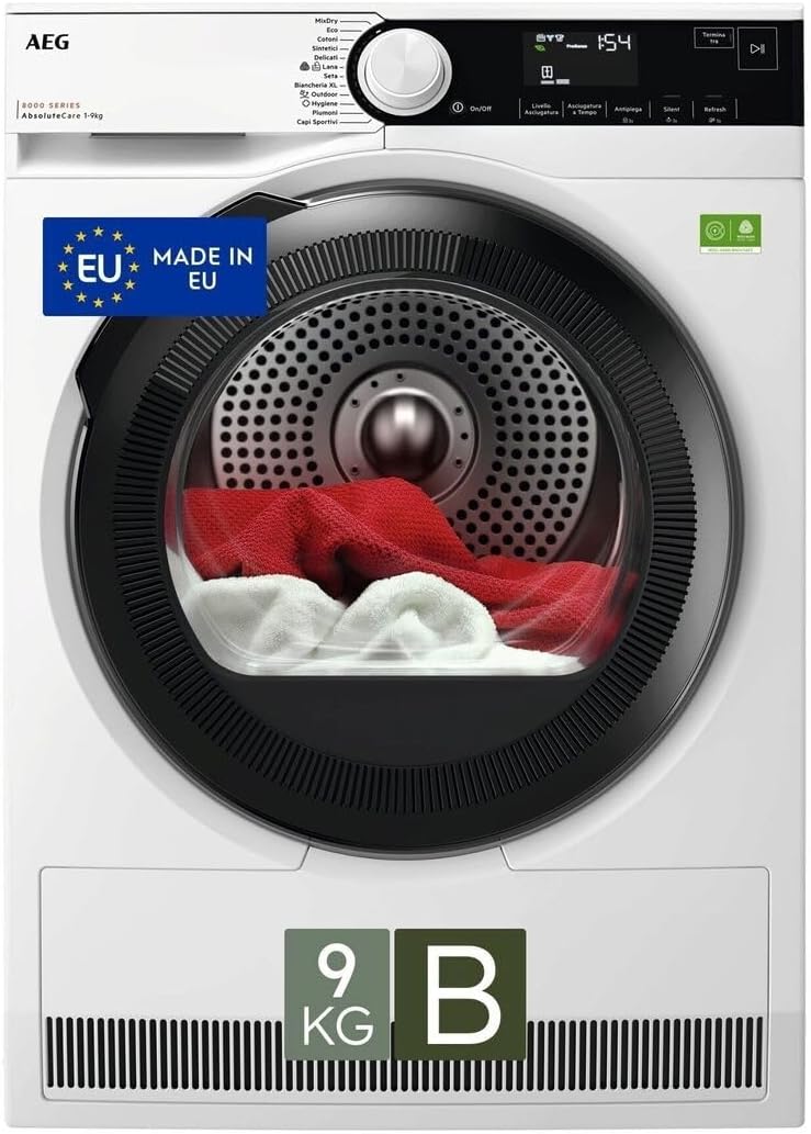 AEG TR8HDAM9B Serie 8000 Asciugatrice 9 kg - Pompa di calore Classe B con AbsoluteCare - PreciseDry 12 programmi e sensori umidità - Bianca con filtro Easy Flow 61 dB