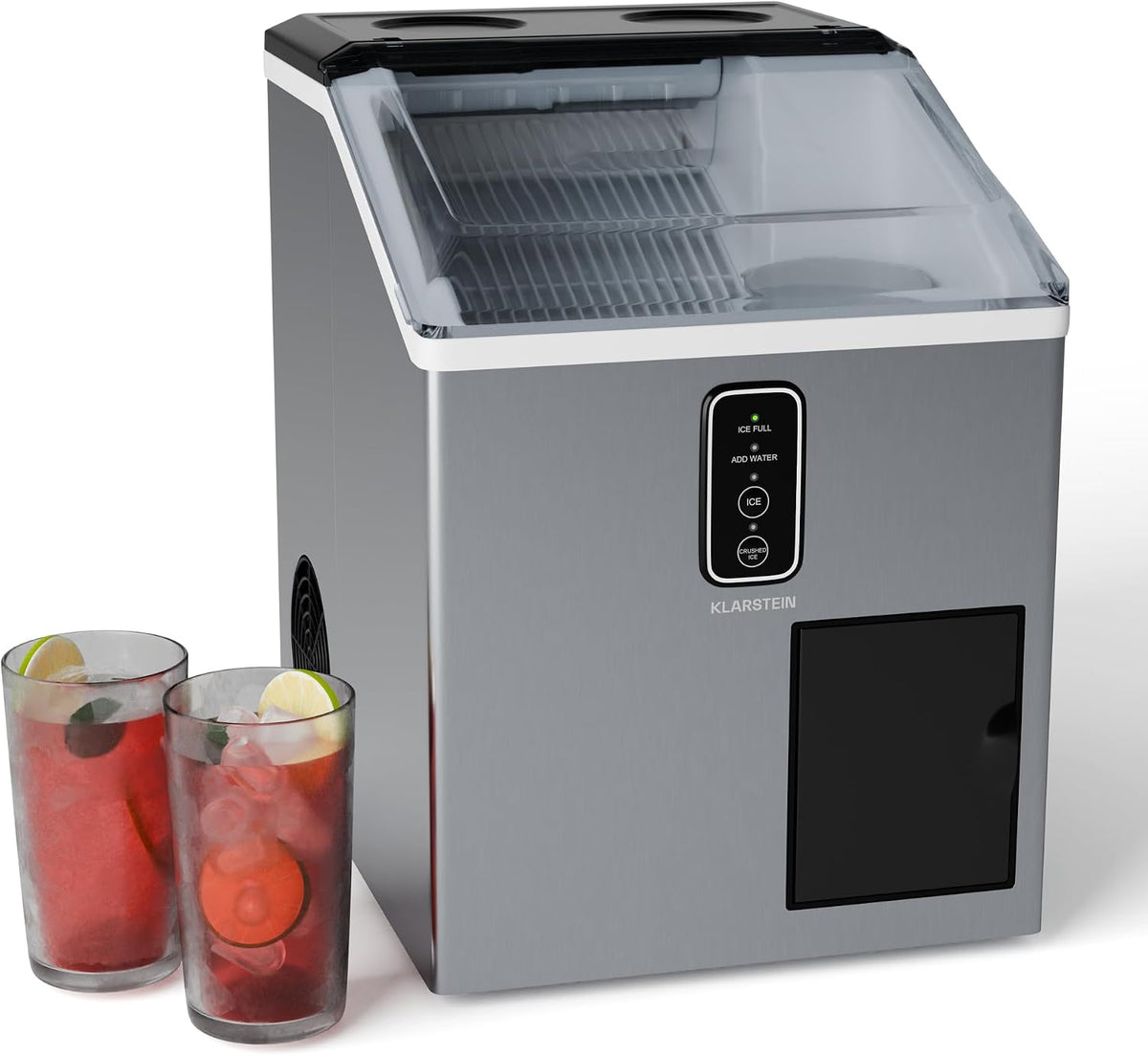 Klarstein macchina per ghiaccio - Produzione fino a 15 kg in 24 ore - Cubetti e ghiaccio tritato con pannello LED - Serbatoio 1,8 L e allarme livello acqua