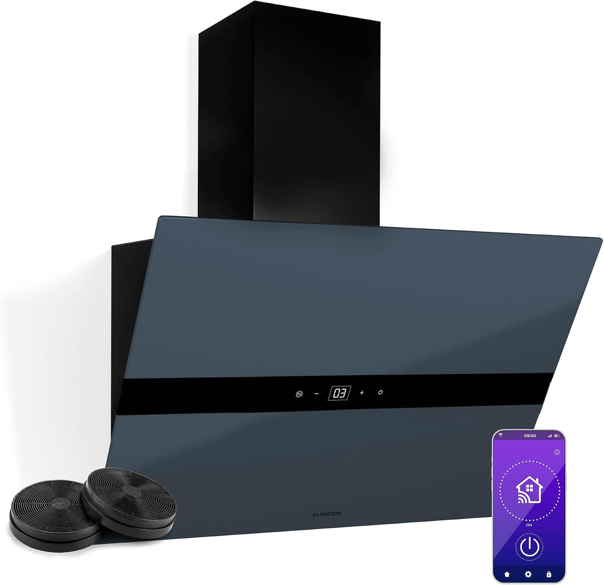 Klarstein WiFusion Cappa aspirante 60 cm - Classe A più con flusso aria 680 m3 h e motore 110 W - WiFi touch e LED 6000 6500 K - Grigio blu con filtro carbone