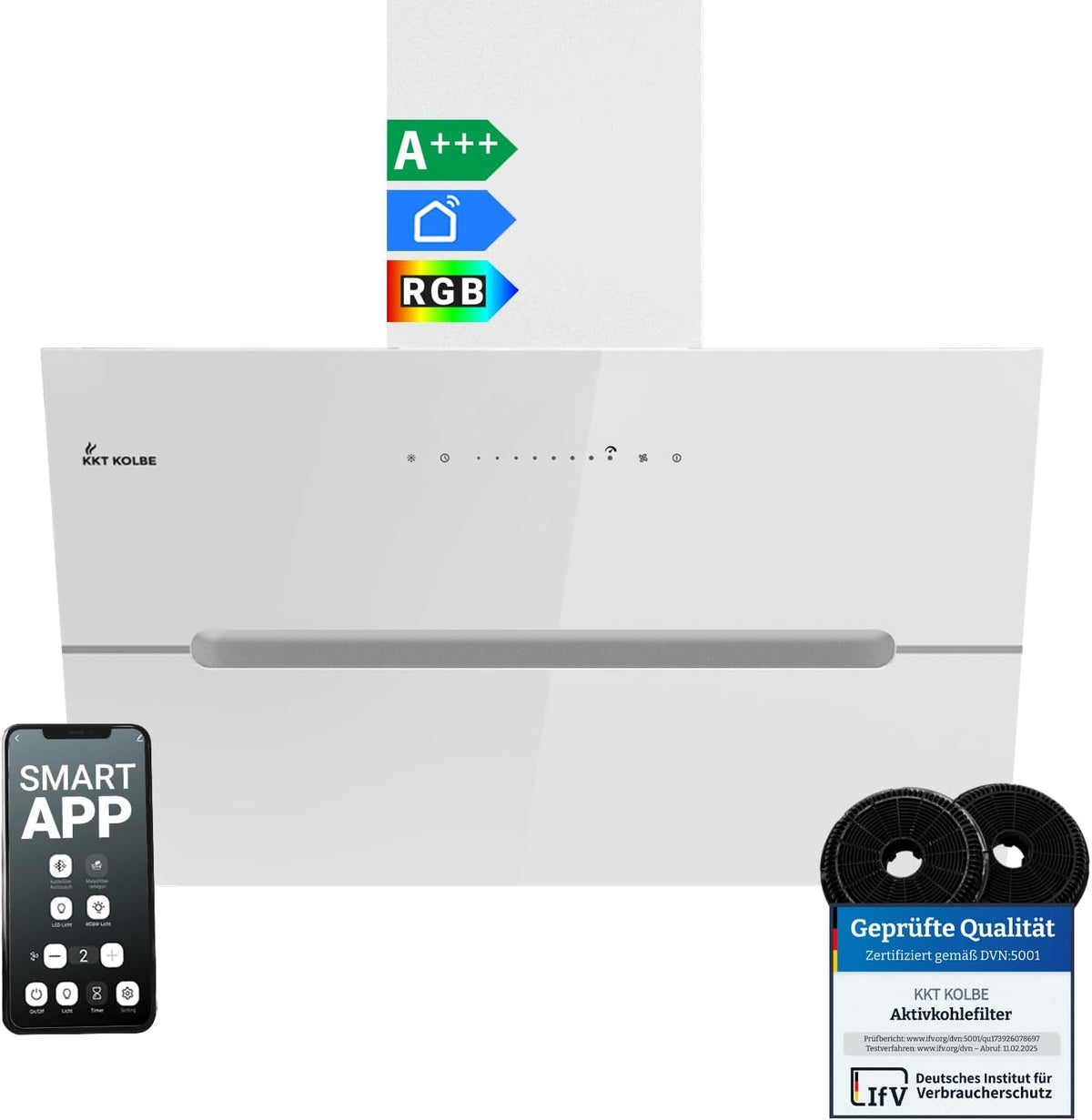 ECCO8005WM Cappa aspirante inclinata 80 cm - Flusso aria 782 m3 h - WiFi touch e spegnimento automatico - Acciaio inox vetro bianco con LED RGBW e ricircolo