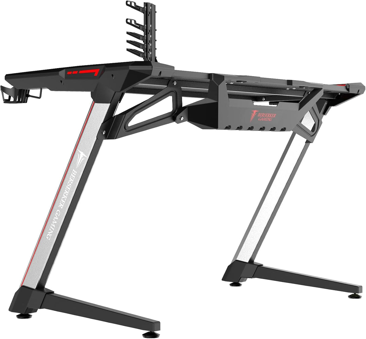 BERSERKER Balder scrivania gaming 120 x 64 x 75 cm - Illuminazione RGB e piano effetto fibra di carbonio - Hub USB 4 porte - Nero argento con accessori