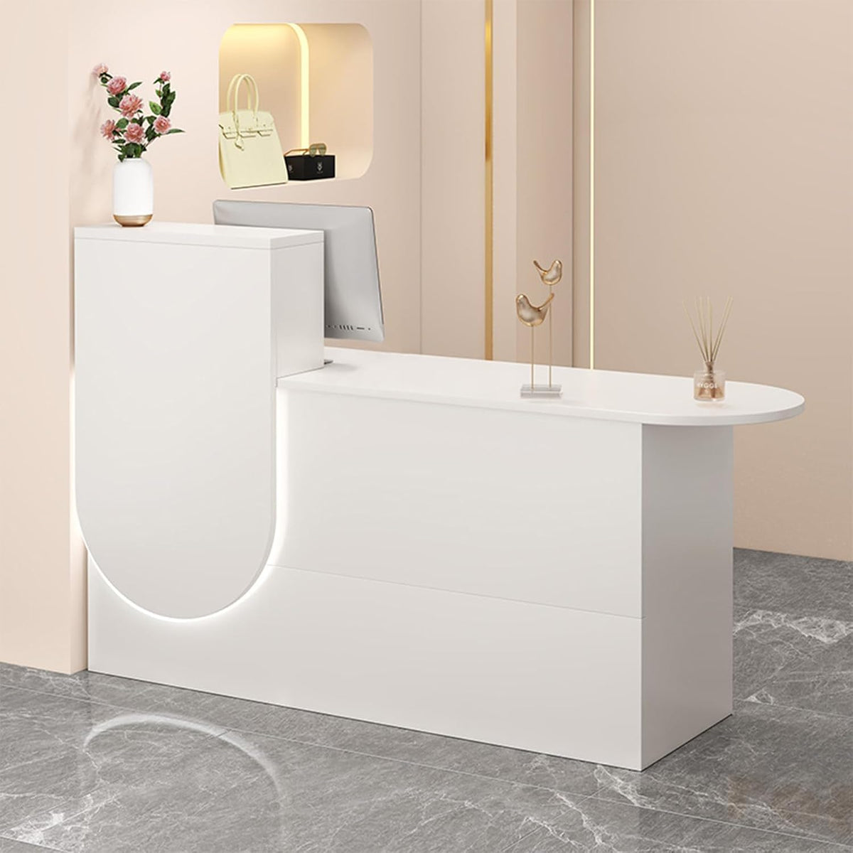 Banco reception compatto con LED 140 cm - Cassetto con serratura e armadietto - Struttura in pannello artificiale - Bianco caldo per lobby cassa e salone