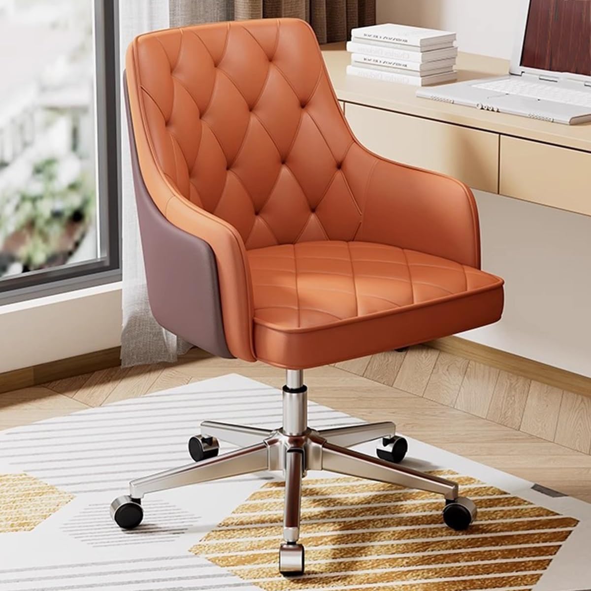 Sedia ufficio ergonomica in pelle - Schienale alto con supporto lombare e cuscino seduta - Reclinabile girevole con altezza regolabile - Arancione con braccioli