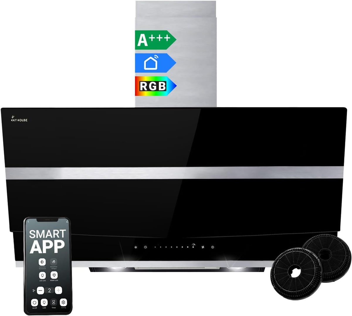 HERMES9005SM cappa aspirante inclinata 90 cm - Portata aria 782 m3 h con WiFi e controllo touch - Spegnimento automatico e illuminazione LED RGBW - Nera 90 x 38,8 x 75 cm