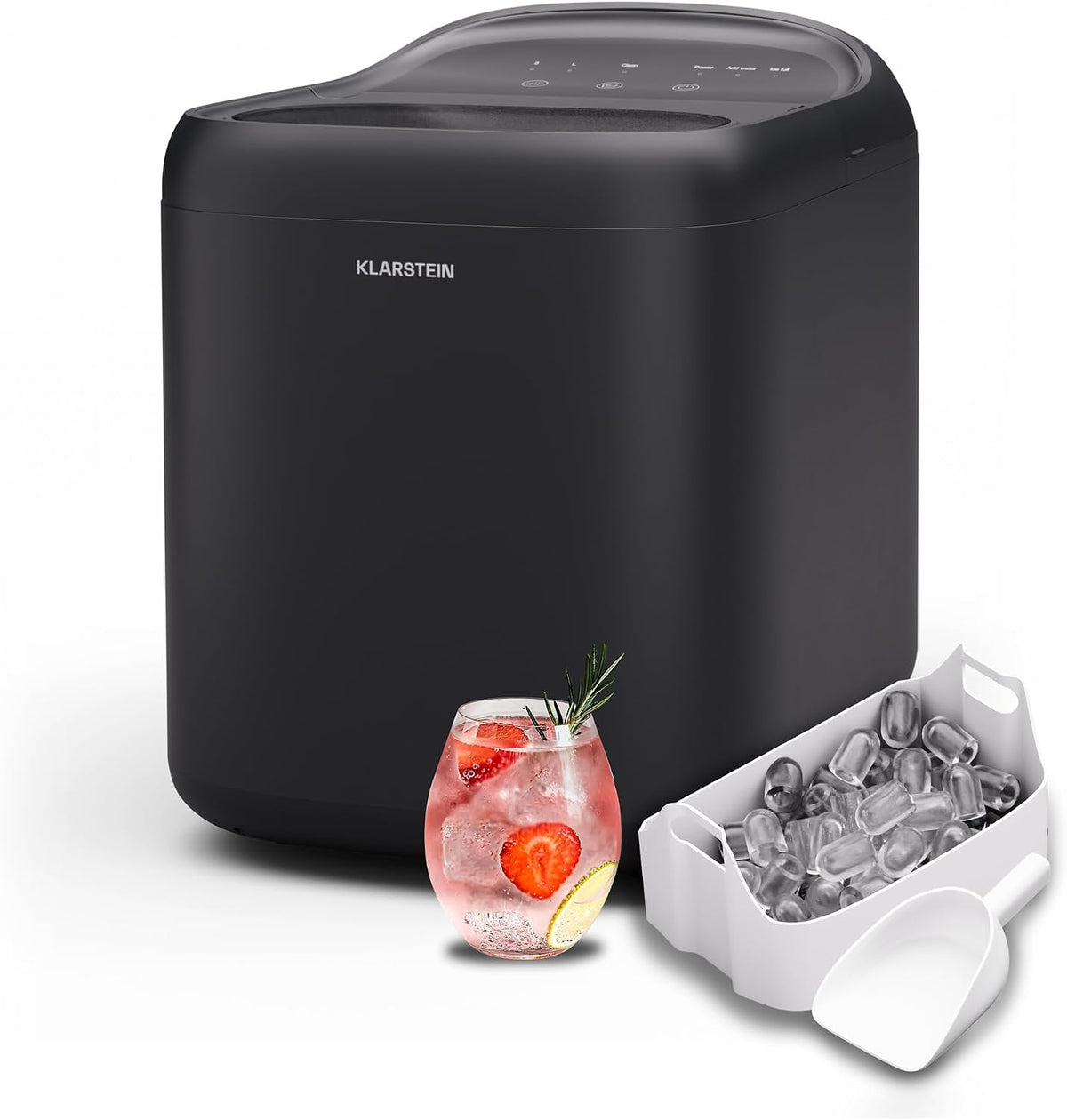 Klarstein SparkIce macchina per ghiaccio - Produzione 15 kg in 24 ore con cubetti in circa 6 minuti - Due dimensioni e touchpad - Autopulente nera con paletta