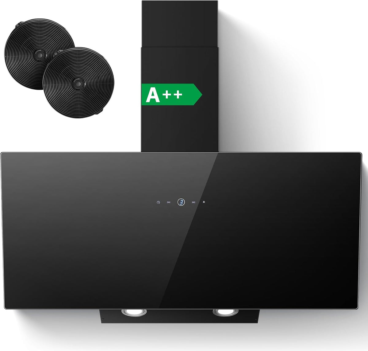 SNDOAS Cappa aspirante 90 cm - Classe A più con flusso aria 700 m3 h - 3 livelli più Boost con touch e LED - Nero in acciaio inox e vetro con 2 filtri carbone