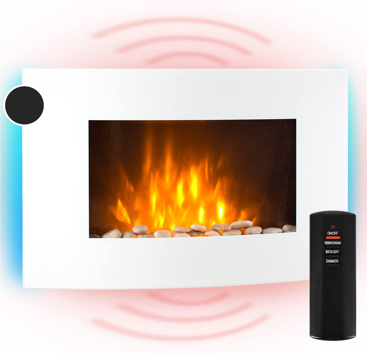 Klarstein - Camino elettrico da parete 2000 W con effetto fiamma LED - Vetro bianco 88 x 13 x 56 cm con spazio decorativo per legna - Telecomando e Timer per soggiorno