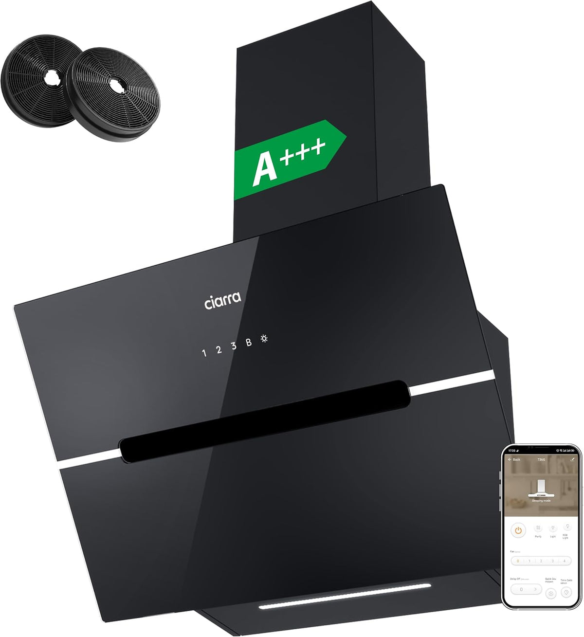 CIARRA CBCB6736F cappa aspirante inclinata 60 cm - Portata aria 650 m3 h con 4 livelli - Controllo touch e filtro carbone CBCF003 - Nera con ricircolo o evacuazione Classe A plus
