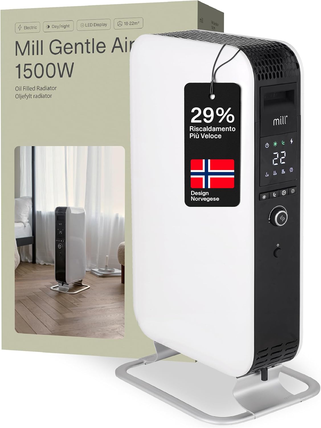 Mill Gentle Air radiatore elettrico a olio 1500 W - Termostato elettronico per controllo temperatura - Uso interno con struttura a mobile - Colore bianco