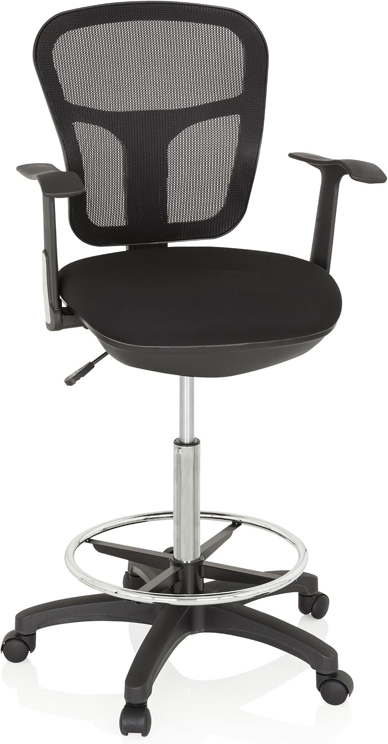 HJH Office TOP WORK 108 sedia da lavoro ergonomica - Schienale in rete traspirante - Poggiapiedi ad anello per postazioni alte - Nera 62 x 43 x 137 cm