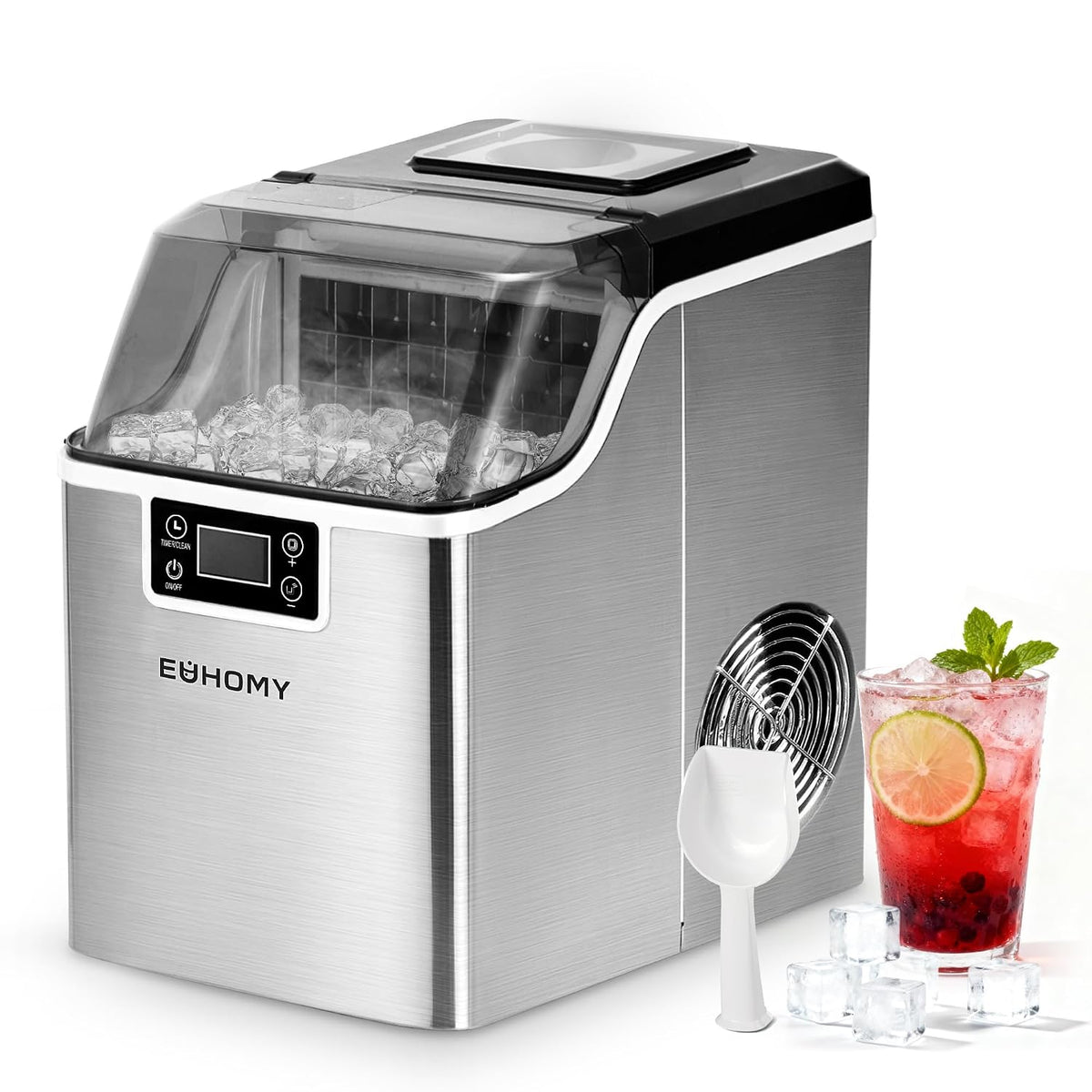 EUHOMY HZB 20AF - Macchina per cubetti di ghiaccio da 20.5 kg al giorno - Ventiquattro cubetti in 13 minuti con serbatoio 3.2 L - Acciaio inox autopulente 220 V