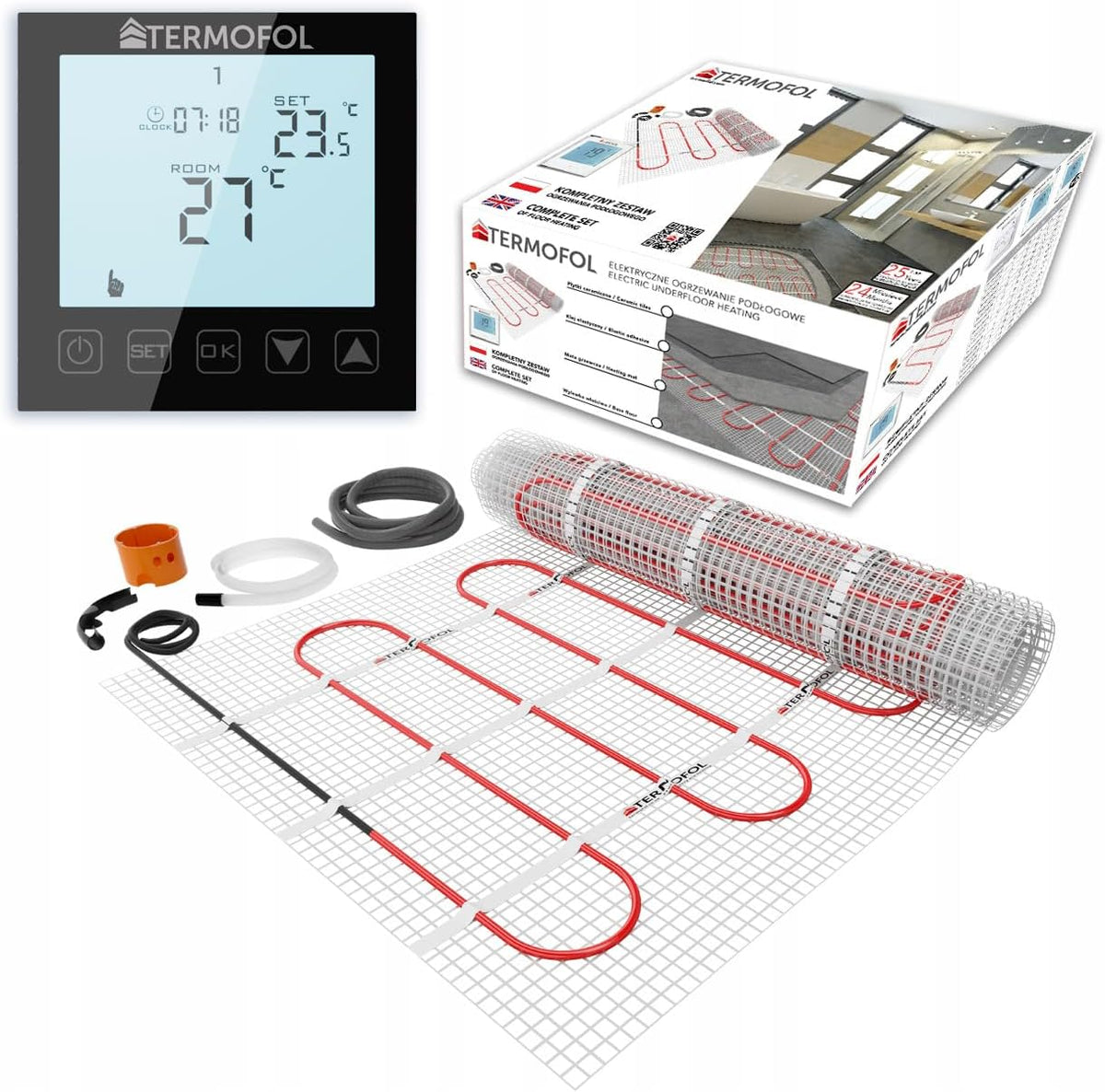 Termofol H1 - Kit riscaldamento elettrico a pavimento 5 m2 - Potenza 150 W m2 con tappetino riscaldante - Termostato elettronico nero per bagno soggiorno e cucina