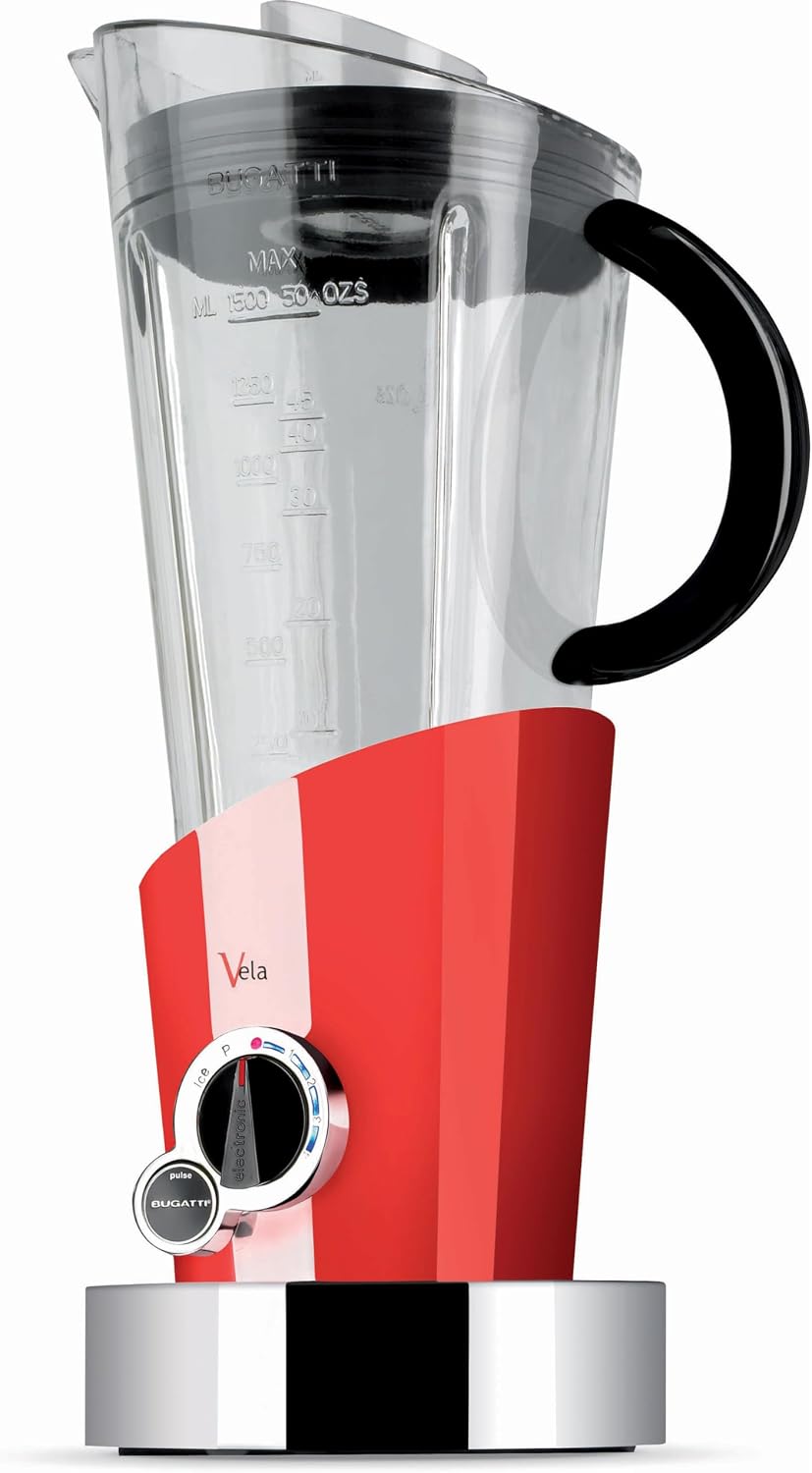 BUGATTI Vela Evolution Frullatore elettrico 500 W - Caraffa da 1,5 L con 4 velocità - Funzione Pulse e tritaghiaccio integrata - Rosso dal design innovativo per frullati e smoothie