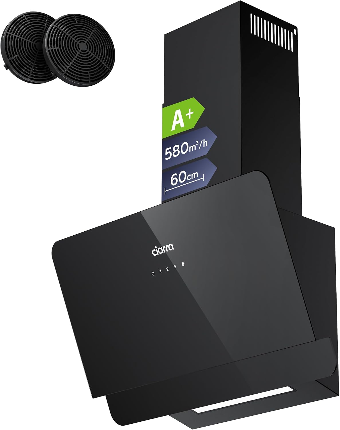 CIARRA CBCB6765C cappa aspirante inclinata 60 cm - Tre velocità per aspirazione regolabile - Filtro carbone CBCF055 filtro grasso e illuminazione LED - Nera con scarico o ricircolo Classe A plus