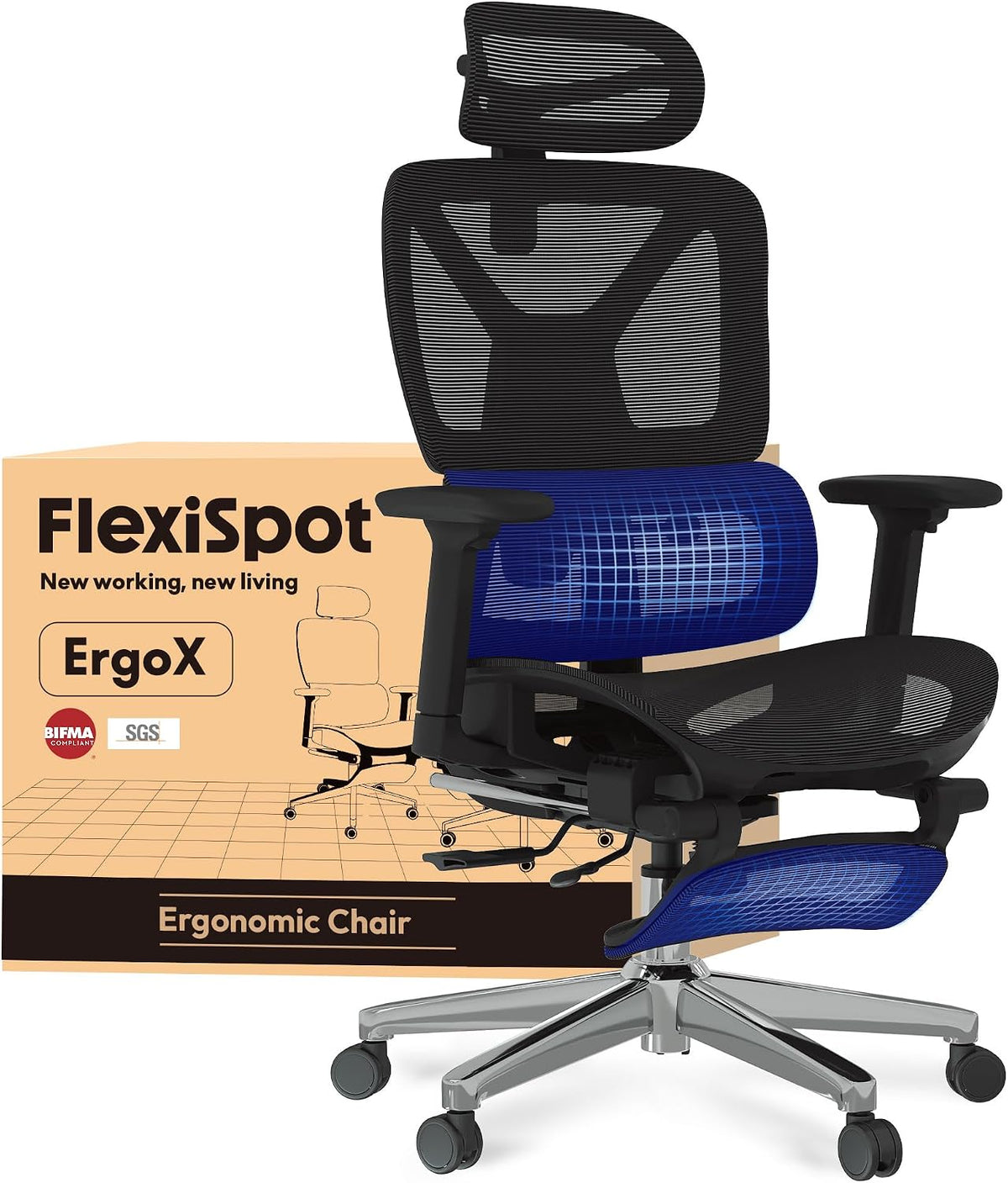FLEXISPOT ErgoX - Sedia ergonomica da ufficio in rete con portata 130 kg - Poggiatesta 3D supporto lombare indipendente e schienale 5D - Braccioli 3D e poggiagambe