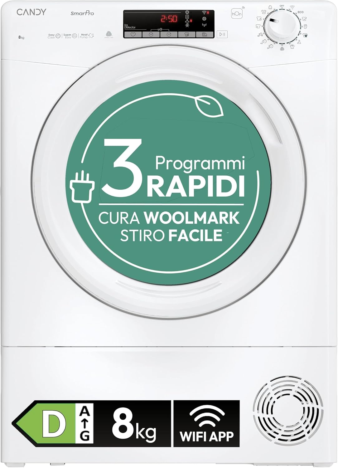 Candy Smart Pro CRO EH8N2TE S Asciugatrice 8 kg - Pompa di calore Classe D a libera installazione - WiFi BLE e programma Stiro Facile - Bianca 85 x 60 x 58,5 cm