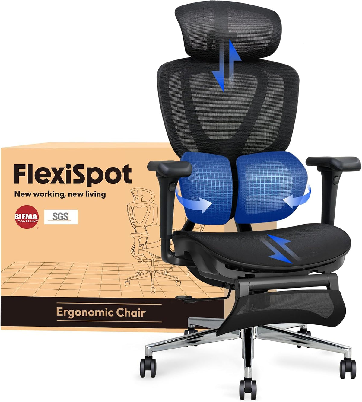 FLEXISPOT sedia ufficio ergonomica - Supporto lombare Dual Wing e schienale reclinabile - Poggiatesta braccioli 3D e sedile regolabile - Nera con poggiapiedi estraibile