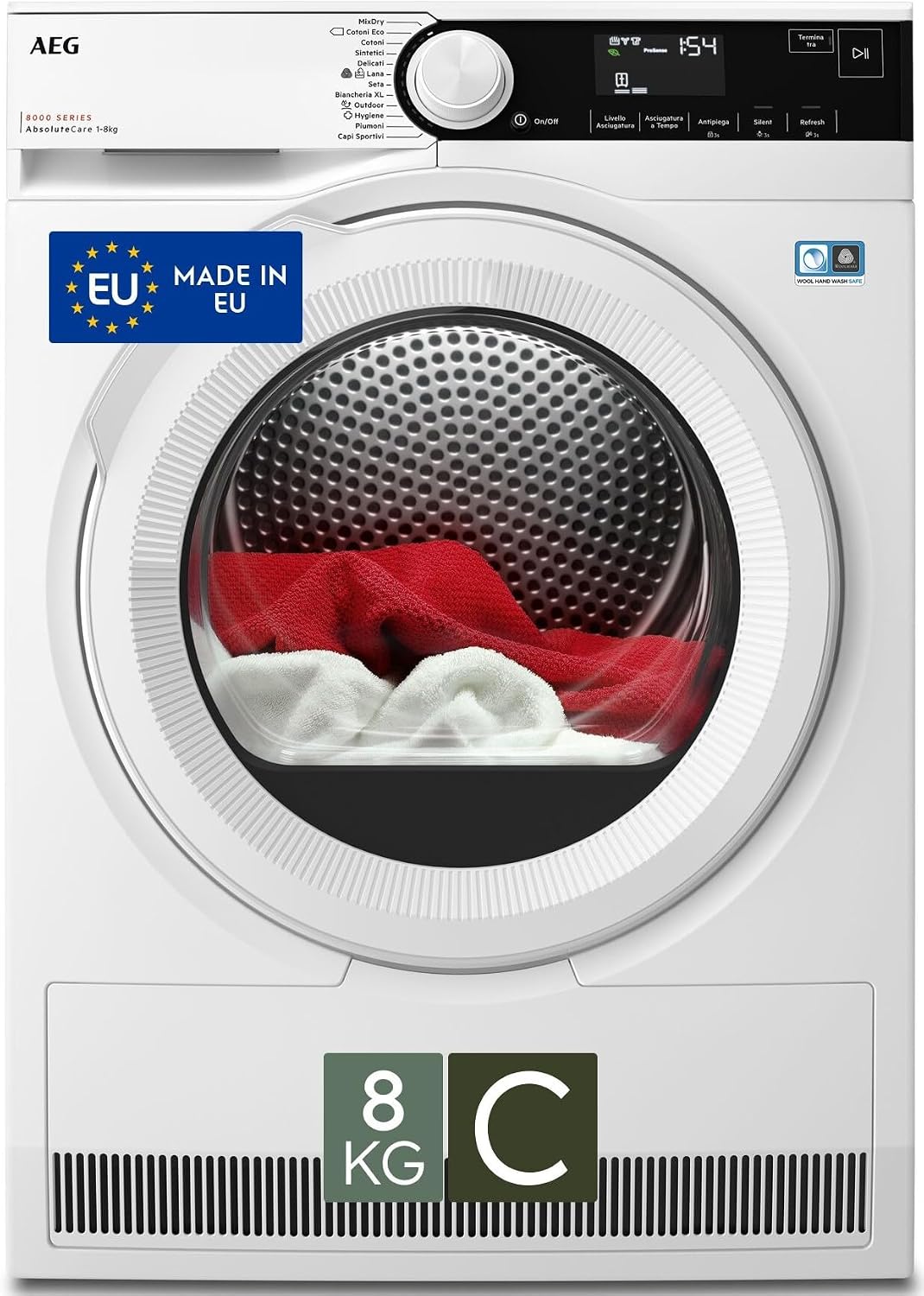AEG TR8D83GW Serie 8000 Asciugatrice 8 kg - Pompa di calore Classe C con AbsoluteCare - PreciseDry e sensori di umidità con 12 programmi - Bianca con display LCD touch 65 dB