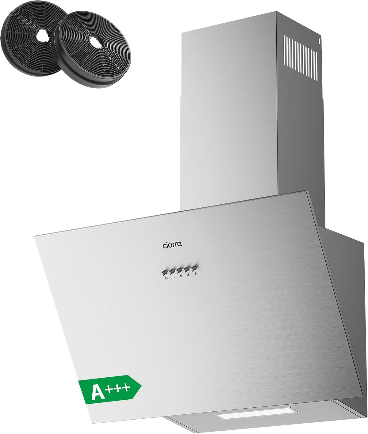 CIARRA CBCS6762A cappa aspirante inclinata 60 cm - Portata aria 650 m3 h con 3 velocità - Filtri a carbone attivo e modalità ricircolo o scarico - Acciaio inox 60 x 32,8 x 62,8 cm Classe A plus