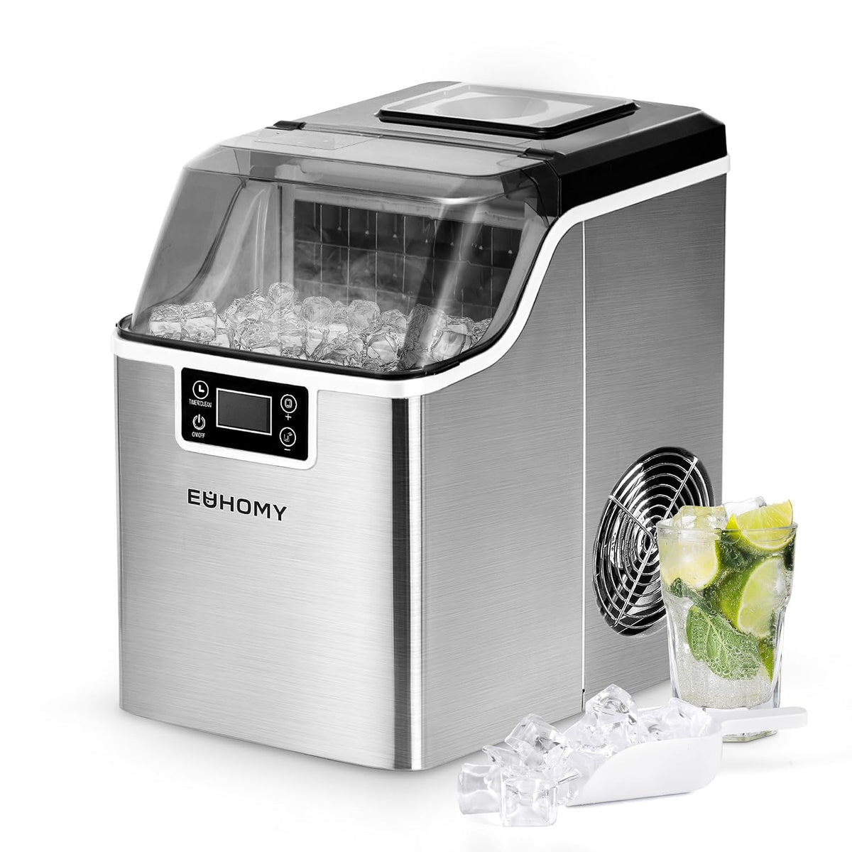EUHOMY - Macchina per cubetti di ghiaccio 24 kg al giorno - Ventiquattro cubetti in 13 minuti con serbatoio 3.2 L - Acciaio inox autopulente con paletta