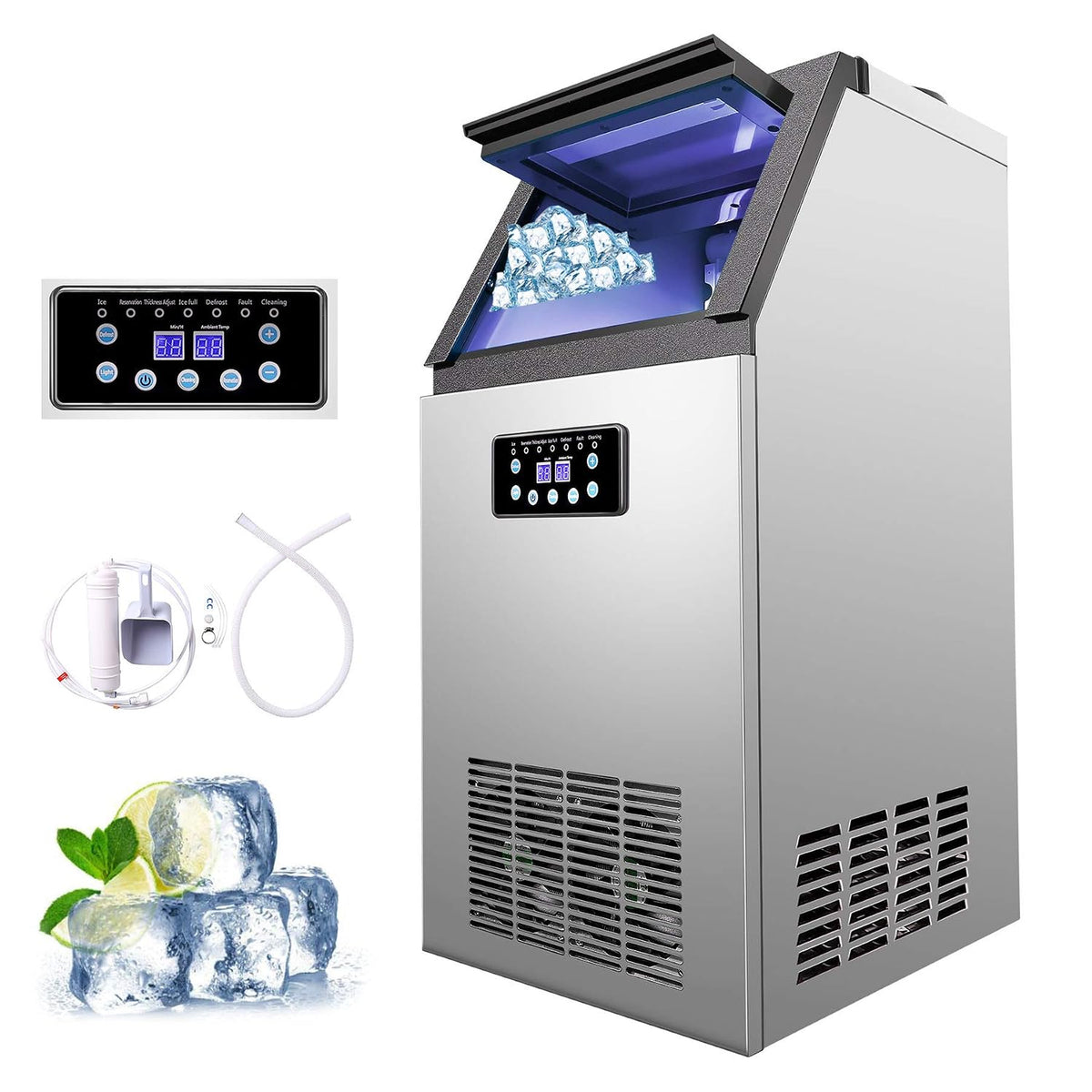 Z ZELUS - Macchina per cubetti di ghiaccio commerciale 59 kg al giorno - Potenza 495 W con alimentazione 220 V - Display LCD per casa ufficio bar e ristorante