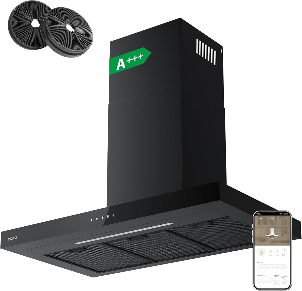 CIARRA CBCB9102 cappa aspirante smart 90 cm - Portata aria 650 m3 h con 4 velocità e Booster - WiFi app touch LED e filtro carbone - Nera 90 x 50,4 x 75 cm Classe A plus