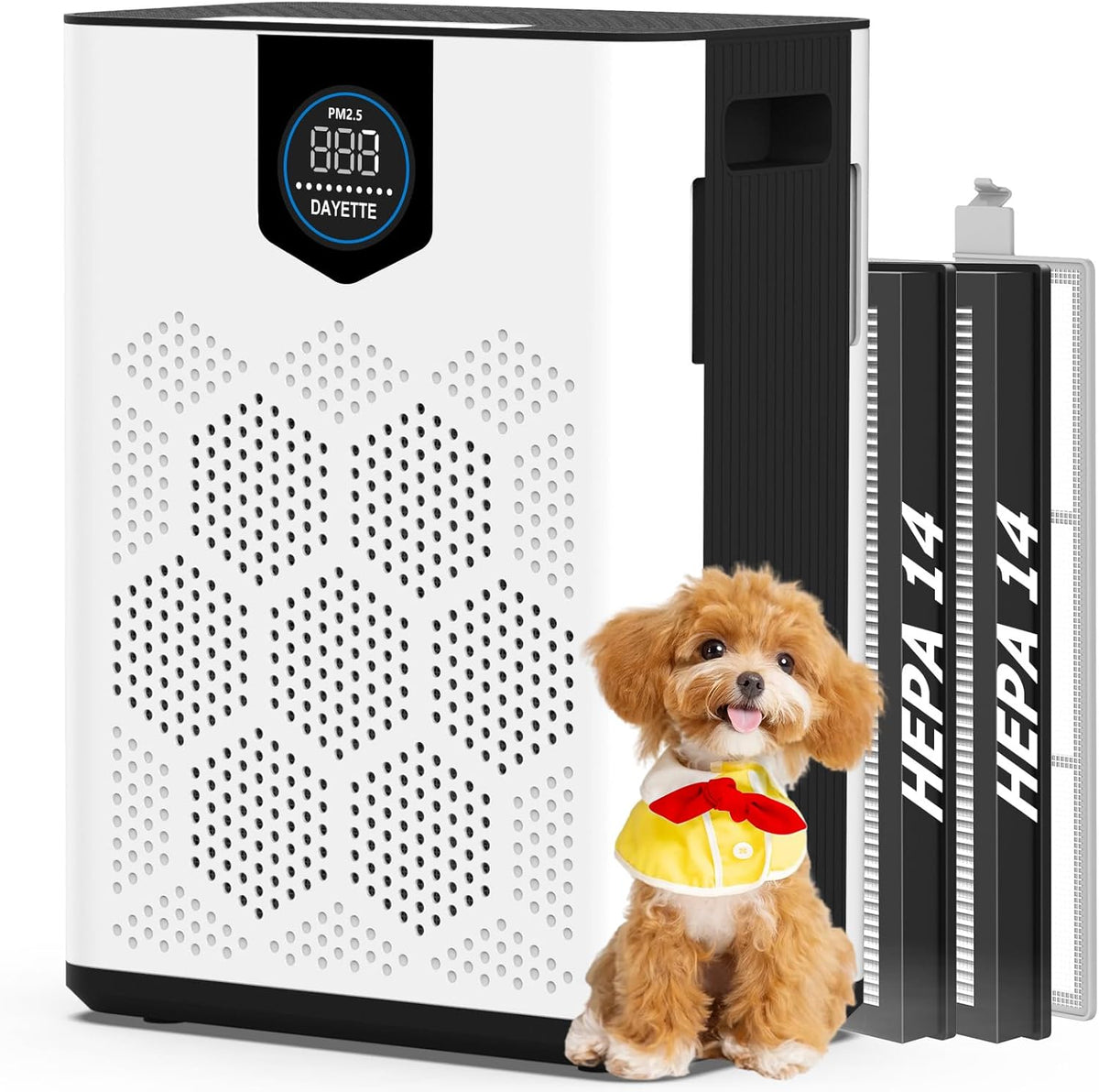 DAYETTE - Purificatore d aria per grandi ambienti con due filtri HEPA H14 - Prefiltri lavabili per peli e animali domestici - Bianco compatto per uso domestico