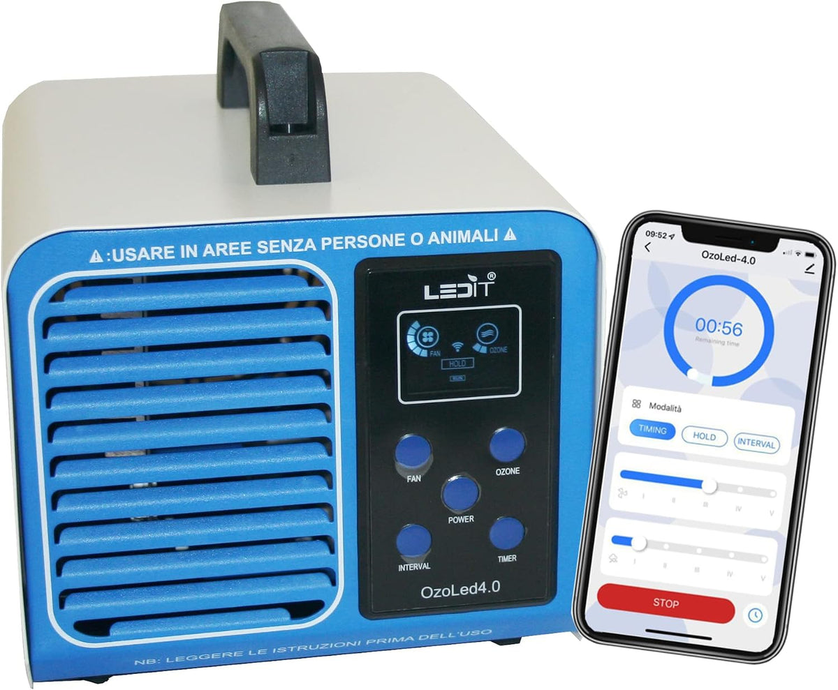 LEDIT Generatore Ozono Domotico 4.0 - Produzione 10000 mg ora per ambienti da 0 a 200 m2 - Timer e controllo remoto tramite app - Ozonizzatore professionale blu