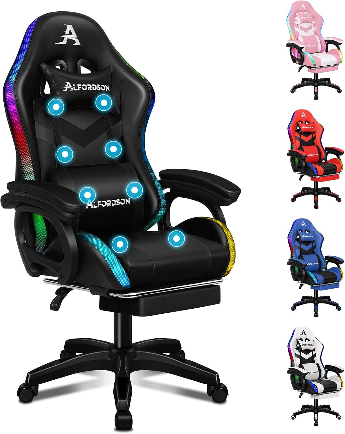 ALFORDSON sedia gaming massaggiante RGB - Poggiapiedi e schienale regolabile con funzione massaggio - Pelle sintetica e struttura girevole - Nero 88 x 52 x 127 cm