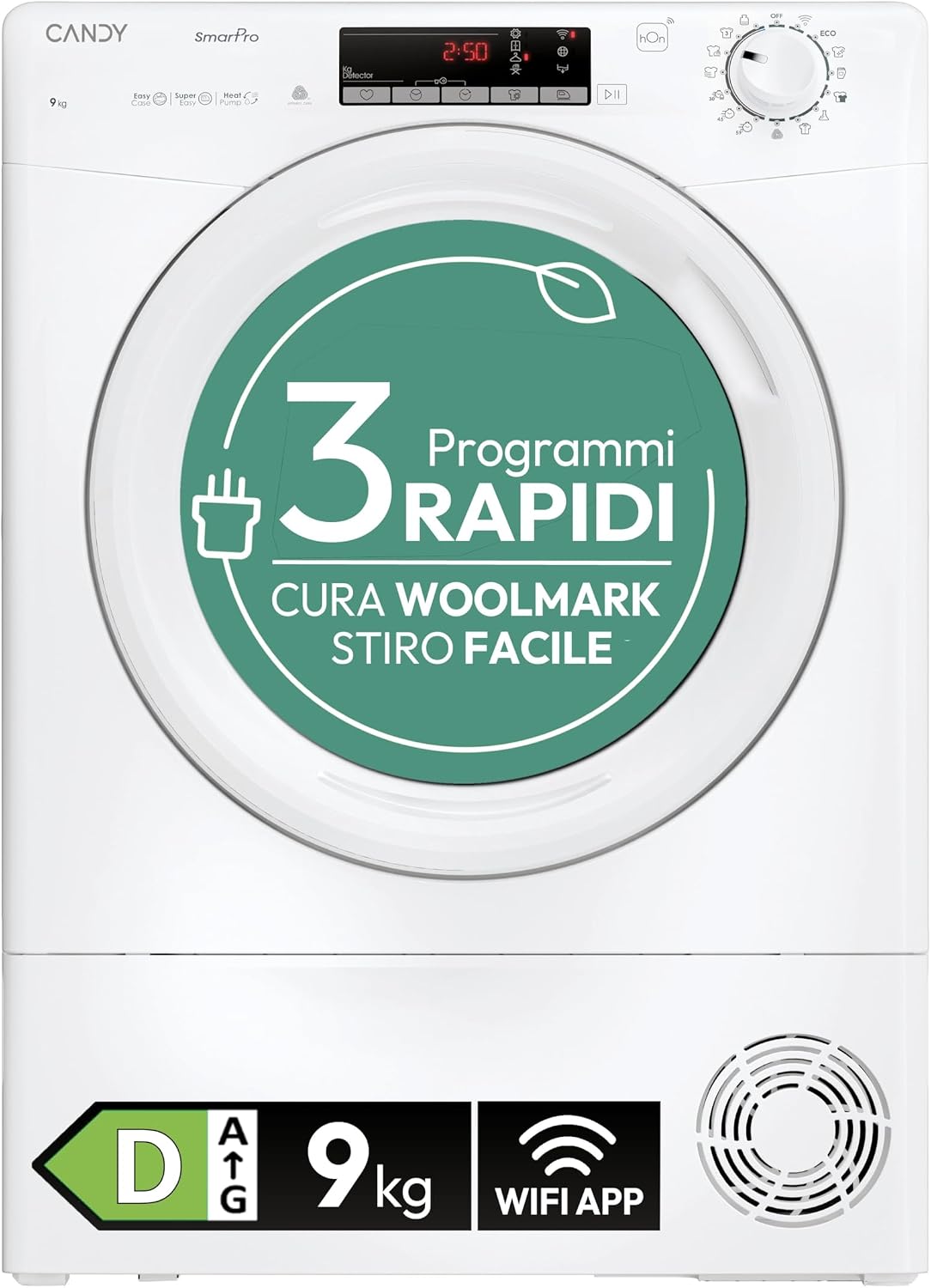Candy Smart Pro CRO EH9N2TE-S asciugatrice - Pompa di calore 9 kg con Woolmark - App hOn WiFi e BLE - Bianca 60 x 58,5 x 85 cm rumorosità 66 dB a carico frontale