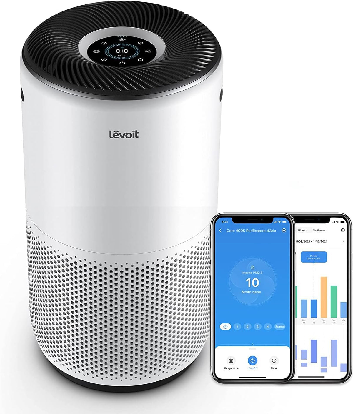 LEVOIT Core 400S purificatore aria smart - CADR 433 m3 ora per ambienti fino a 90 m2 - Filtro HEPA e sensore PM2.5 - Controllo APP Alexa e rumorosità 27 dB
