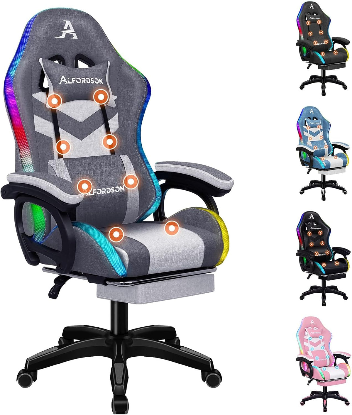 ALFORDSON sedia gaming RGB ergonomica - Funzione massaggio con poggiapiedi e schienale regolabile - Struttura girevole per computer - Grigio splicing 94 x 58 x 122 cm