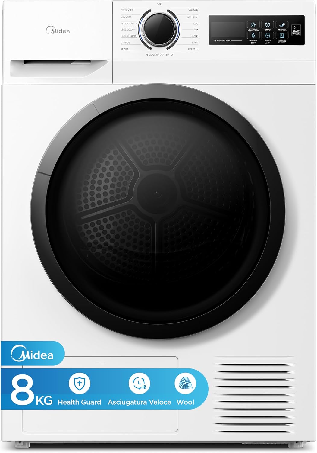 Midea MD11EH80D asciugatrice - Pompa di calore 8 kg con 15 programmi - Asciugatura veloce e Wool Refresh - Bianca 60 x 60 x 85 cm a libera installazione