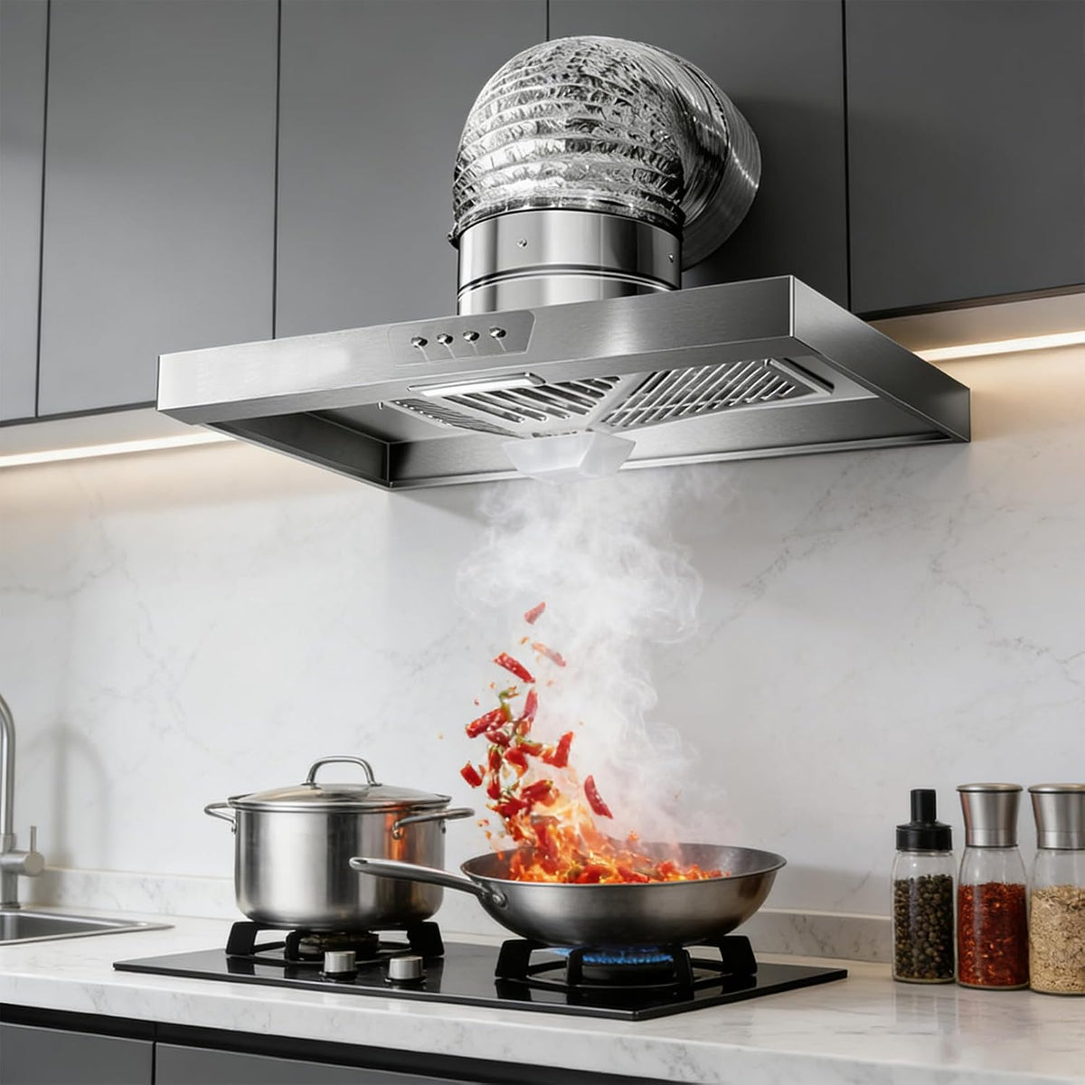 Cappa aspirante 8 pollici 80 W - Acciaio inox 220 V con doppia velocità - Montaggio a parete per estrazione fumo - Per cucina domestica ristorante e ventilazione