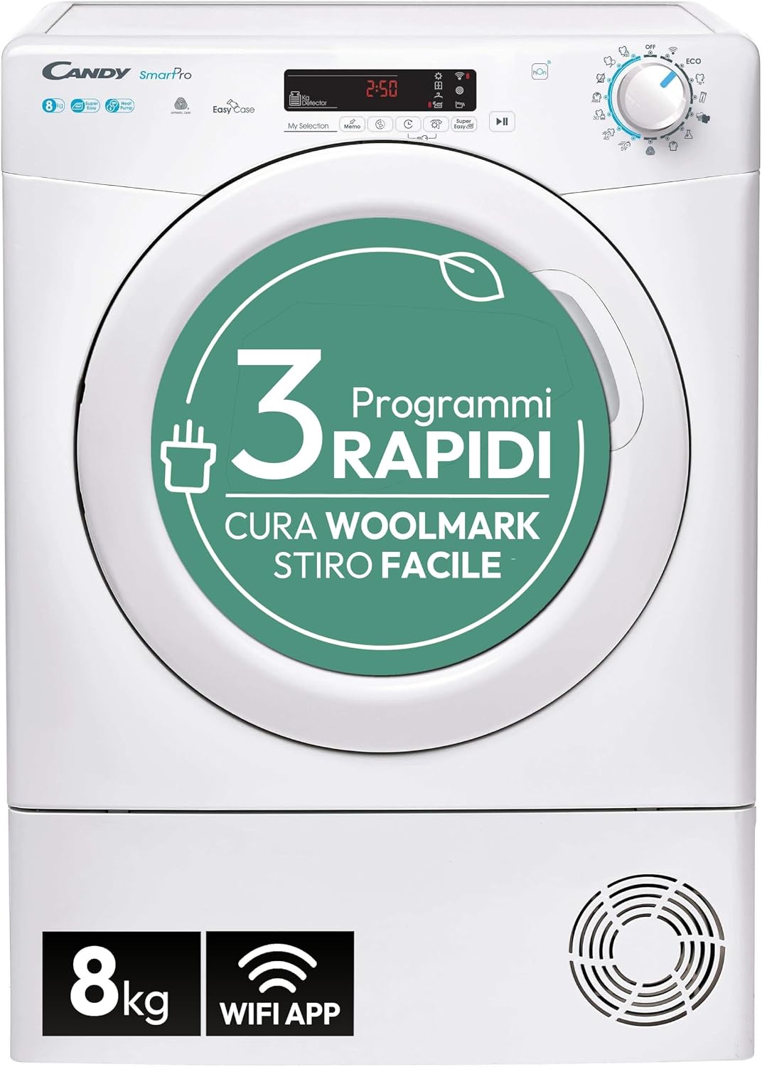 Candy Smart Pro CSOE H8A2DE-S asciugatrice - Pompa di calore 8 kg a libera installazione - Programma Stiro Facile e connettività NFC - Bianca per asciugatura domestica quotidiana