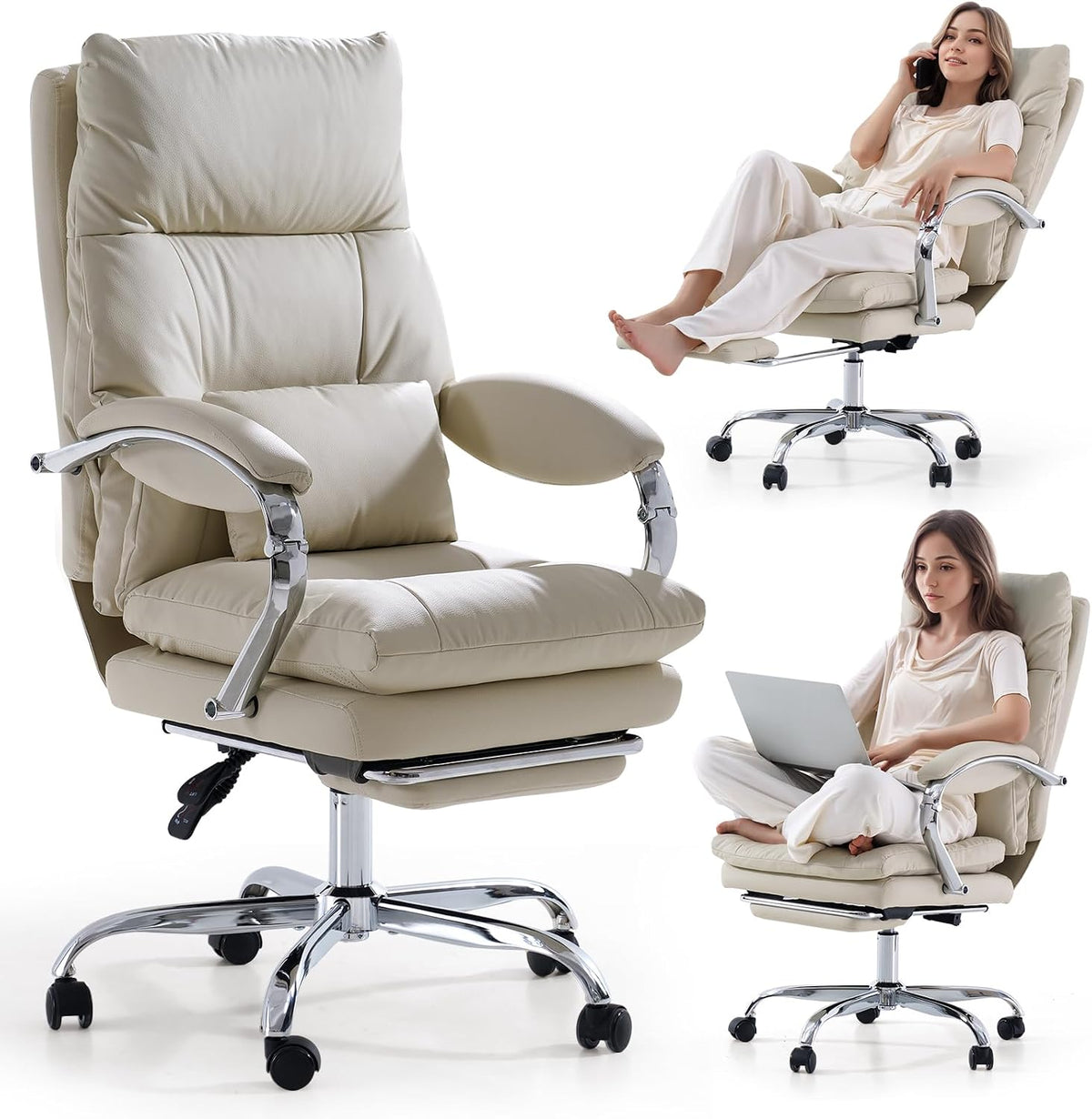 EMIAH sedia direzionale ergonomica con poggiapiedi - Reclinabile con braccioli e cuscino ispessito - Pelle PU con ruote - Beige formato grande 66 x 63 x 115 cm