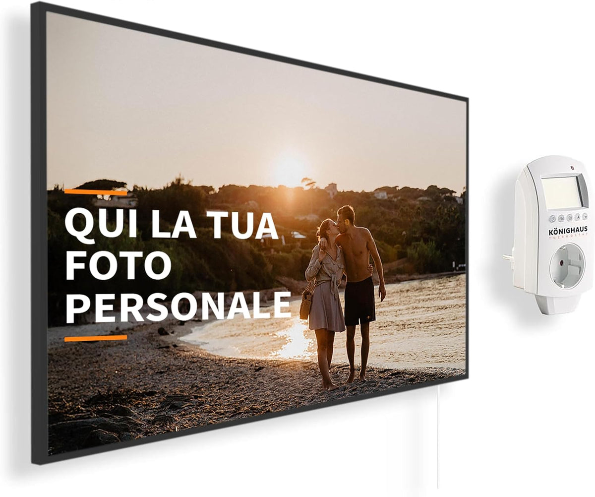 Könighaus pannello infrarossi 1200 W con foto personale - Cornice nera per uso interno - Termostato programmabile incluso - Certificazione TUV SUD e garanzia 5 anni