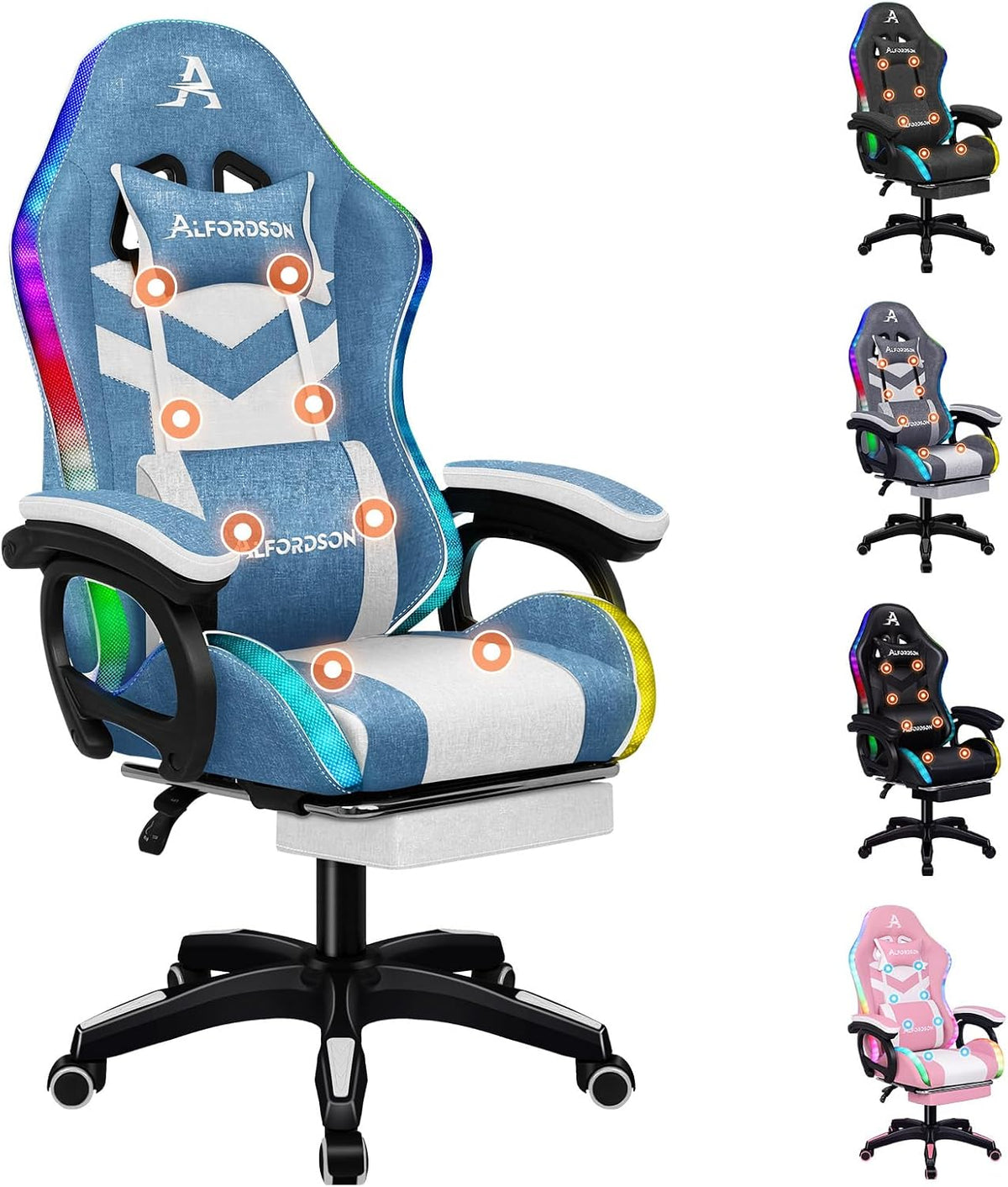 ALFORDSON Marc - Sedia gaming ergonomica con massaggio e LED RGB - Tessuto blu e bianco 94 x 58 x 122 cm - Poggiapiedi schienale regolabile e seduta girevole