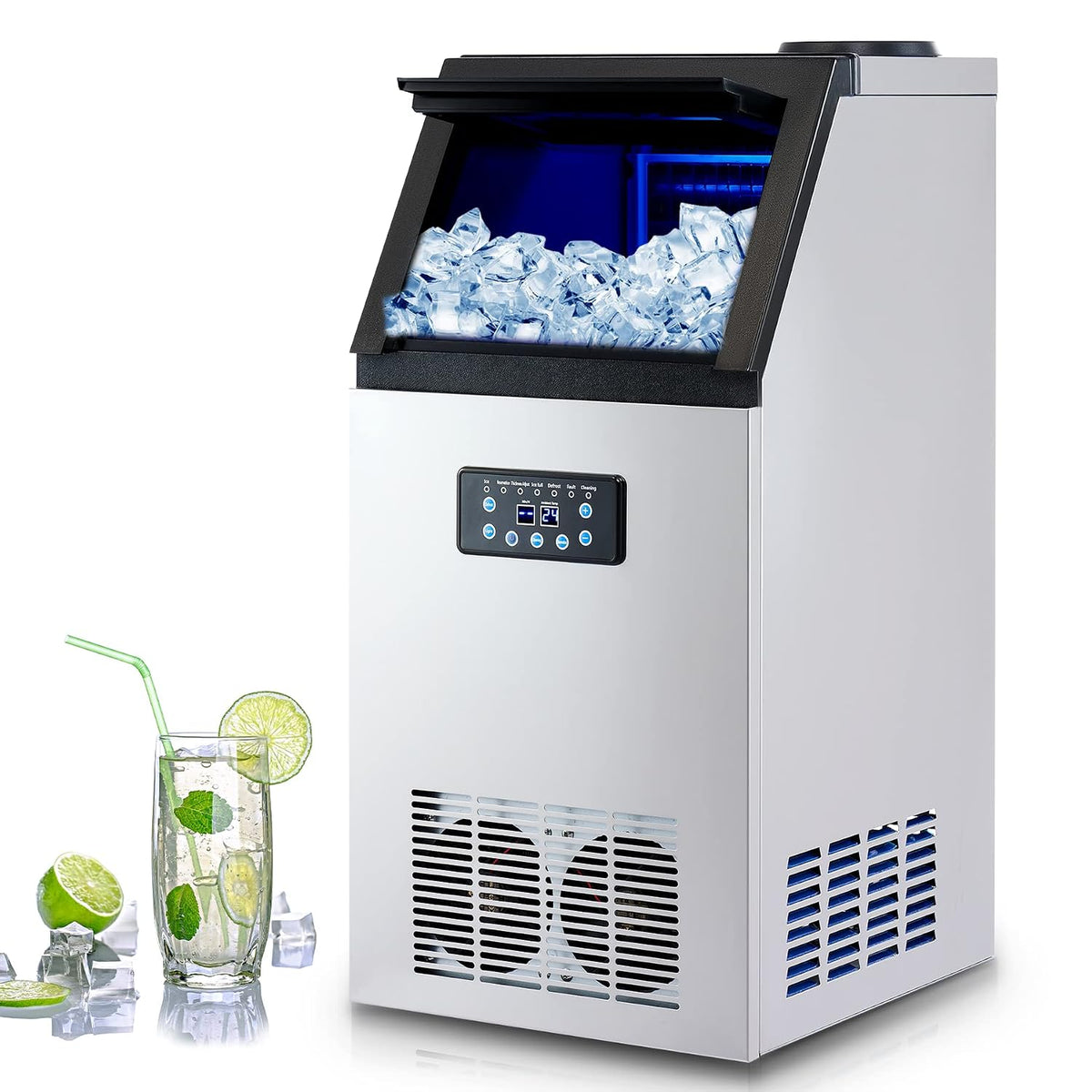 Wilprep - Macchina per cubetti di ghiaccio commerciale da 59 kg al giorno - Trentasei cubetti per ciclo con serbatoio 10 L - Acciaio inox e display LCD