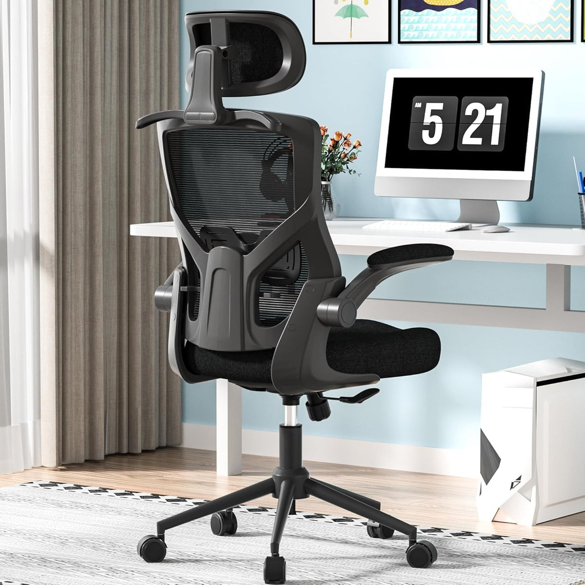 Sedia ufficio ergonomica in rete - Schienale alto con supporto lombare e poggiatesta - Funzione di bloccaggio e attaccapanni - Nera 50 x 50 x 120 cm formato Large