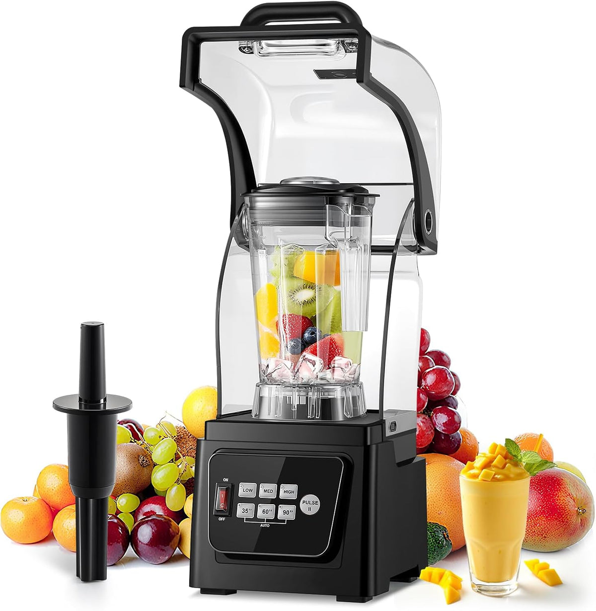 Huanyu Frullatore commerciale silenzioso 1600 W - Contenitore da 2 L con involucro acustico - Funzione conto alla rovescia - Nero per ghiaccio frullati puree e uso professionale
