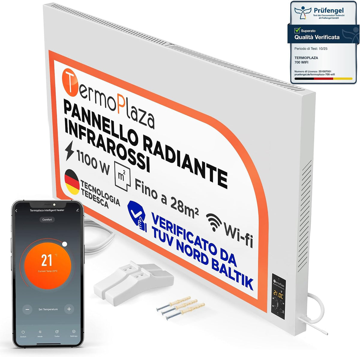 Termoconvettore elettrico WiFi 1100 W - Riscaldamento fino a 28 m2 con tecnologia a infrarossi - Installazione a parete o autoportante - Uso interno